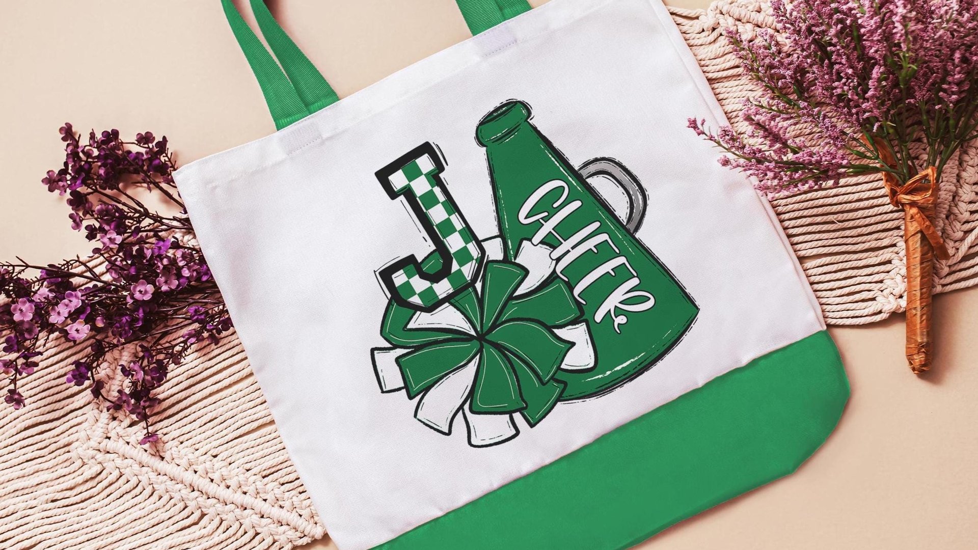personalized kelly green cheer tote bag for school, cheerleader gifts for girls, initial tote bag for teen girls, back to school gifts for