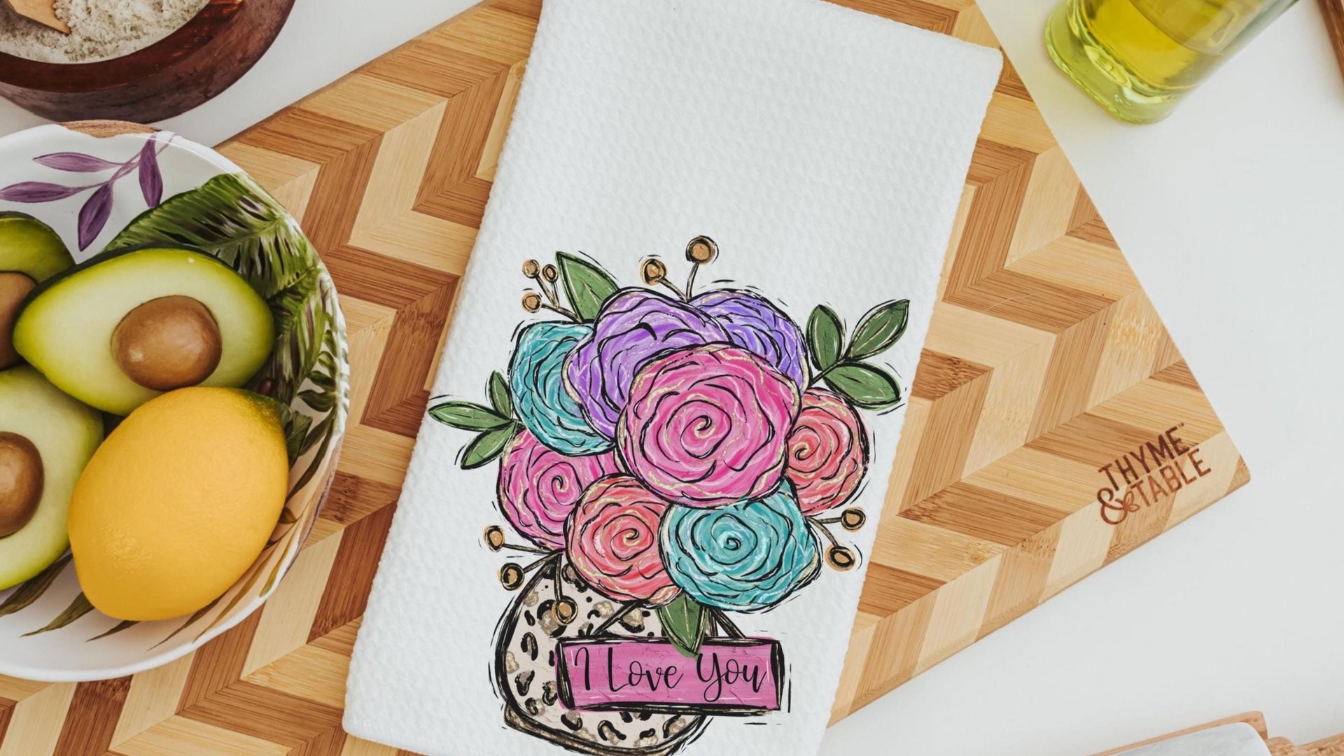 custom name kitchen towels for Christmas gifts for wife, personalized I love you floral kitchen decor, secret Santa gifts for her, leopard