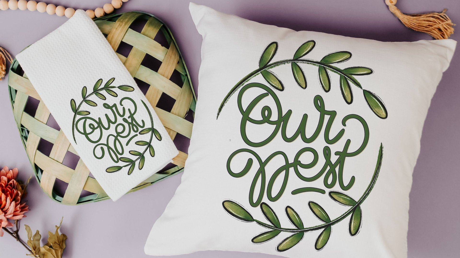 botanical throw pillow for sofa, our nest kitchen towels for friends, new home housewarming gift set for couple, greenery wedding gifts for