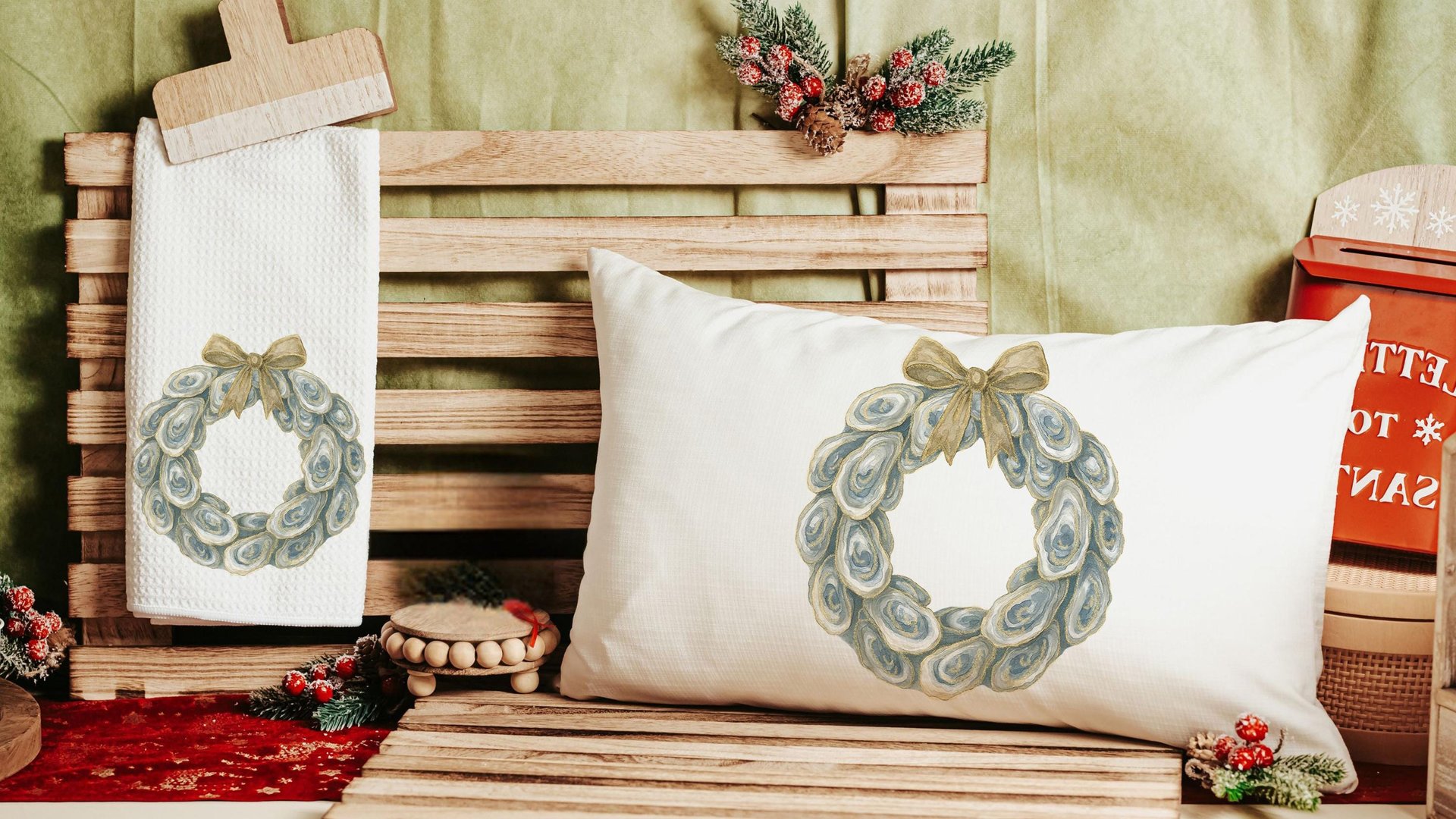 oyster shell Christmas wreath lumbar throw pillows for chairs winter designs, oyster Christmas decorative pillows for couch, beach Christmas