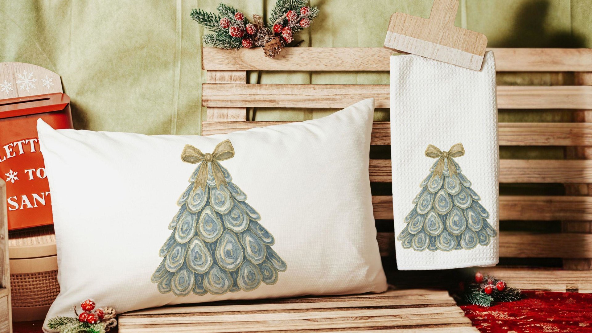 oyster shell Christmas tree throw pillows for couch, coastal Christmas kitchen towels for winter, oyster Christmas gifts for neighbors, best