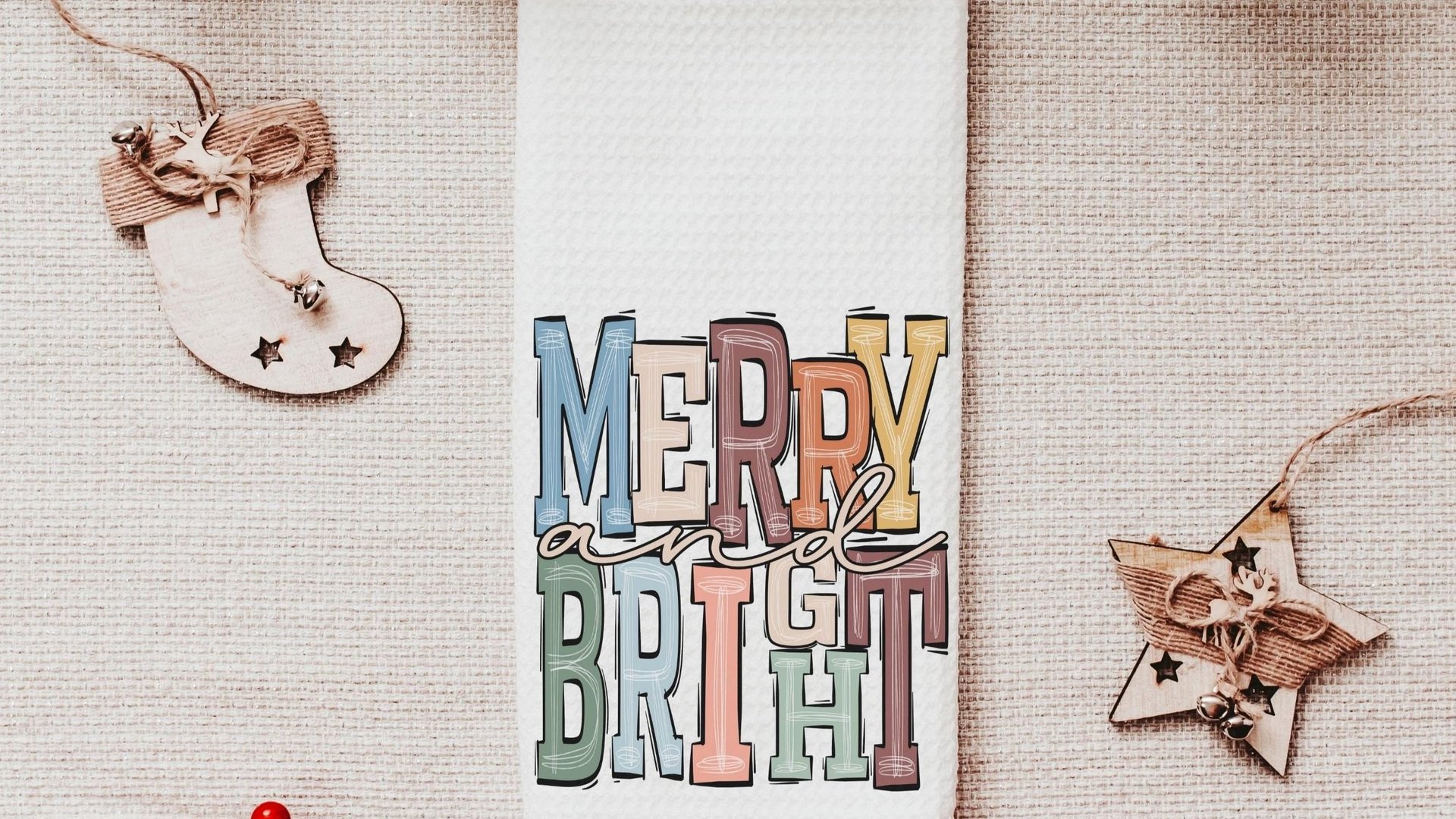 merry and bright kitchen towels for Christmas, boho Christmas hand towel for guest bathroom, trending Christmas gifts for new homeowners