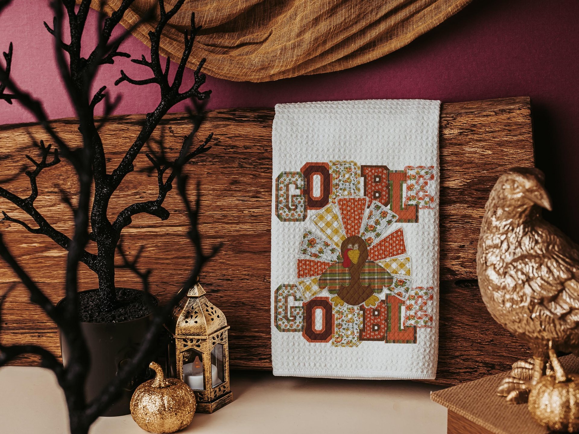 gobble gobble turkey Thanksgiving kitchen towels for fall, faux patchwork turkey hand towels for autumn, Friendsgiving gifts for girlfriends
