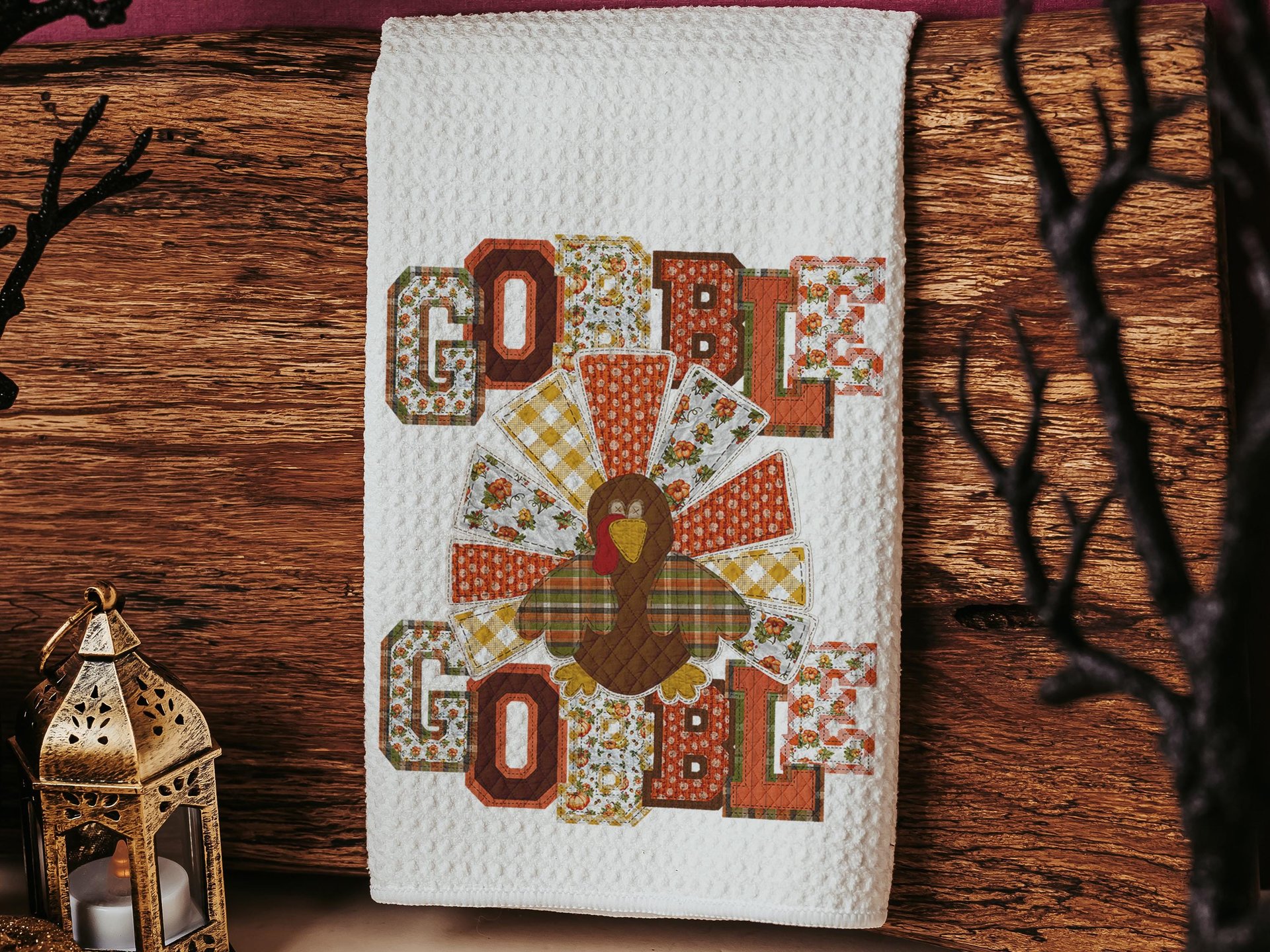 gobble gobble turkey Thanksgiving kitchen towels for fall, faux patchwork turkey hand towels for autumn, Friendsgiving gifts for girlfriends