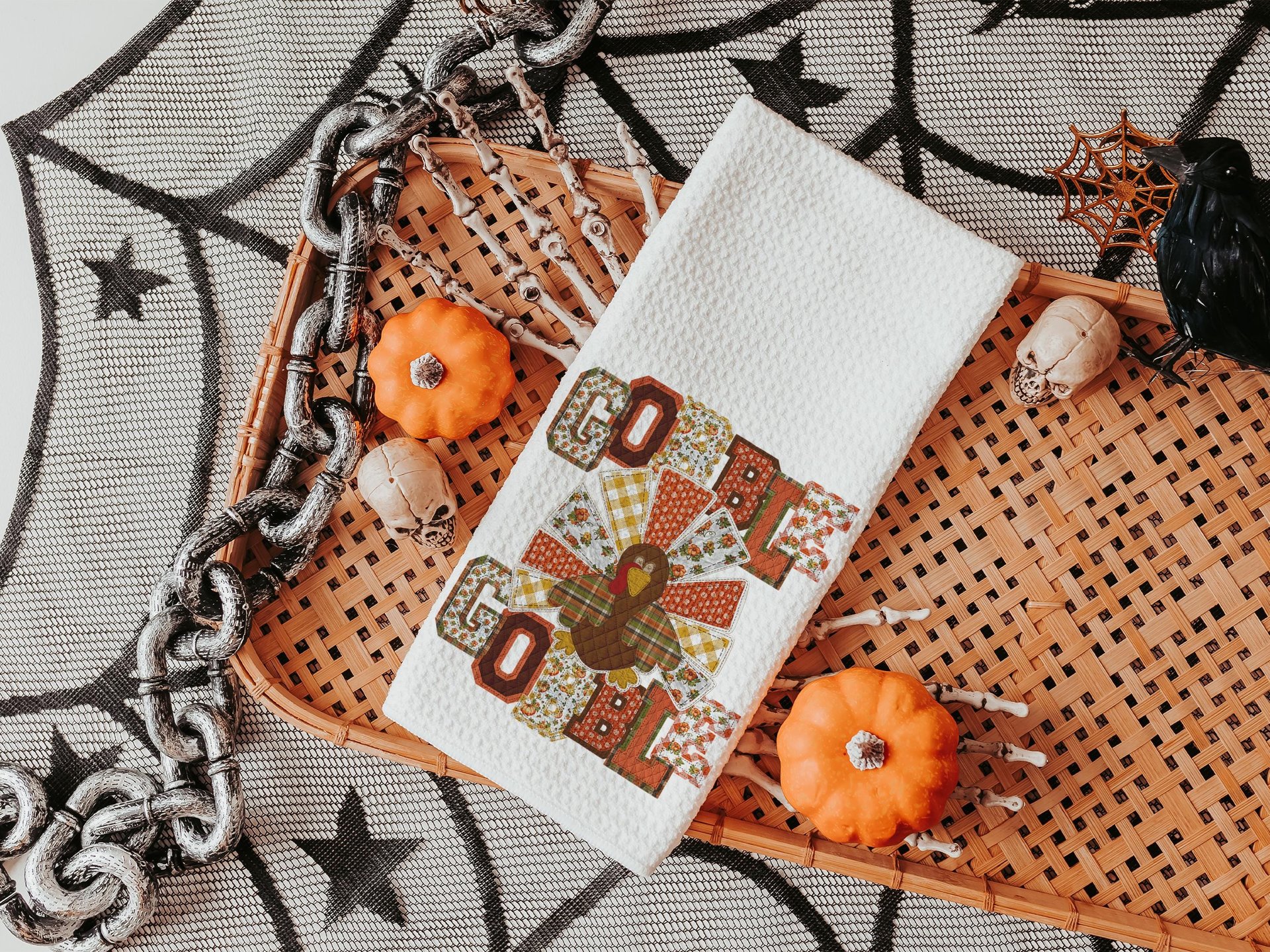 gobble gobble turkey Thanksgiving kitchen towels for fall, faux patchwork turkey hand towels for autumn, Friendsgiving gifts for girlfriends
