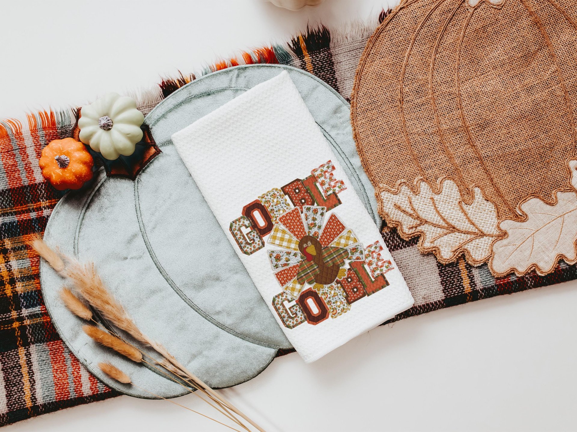 gobble gobble turkey Thanksgiving kitchen towels for fall, faux patchwork turkey hand towels for autumn, Friendsgiving gifts for girlfriends
