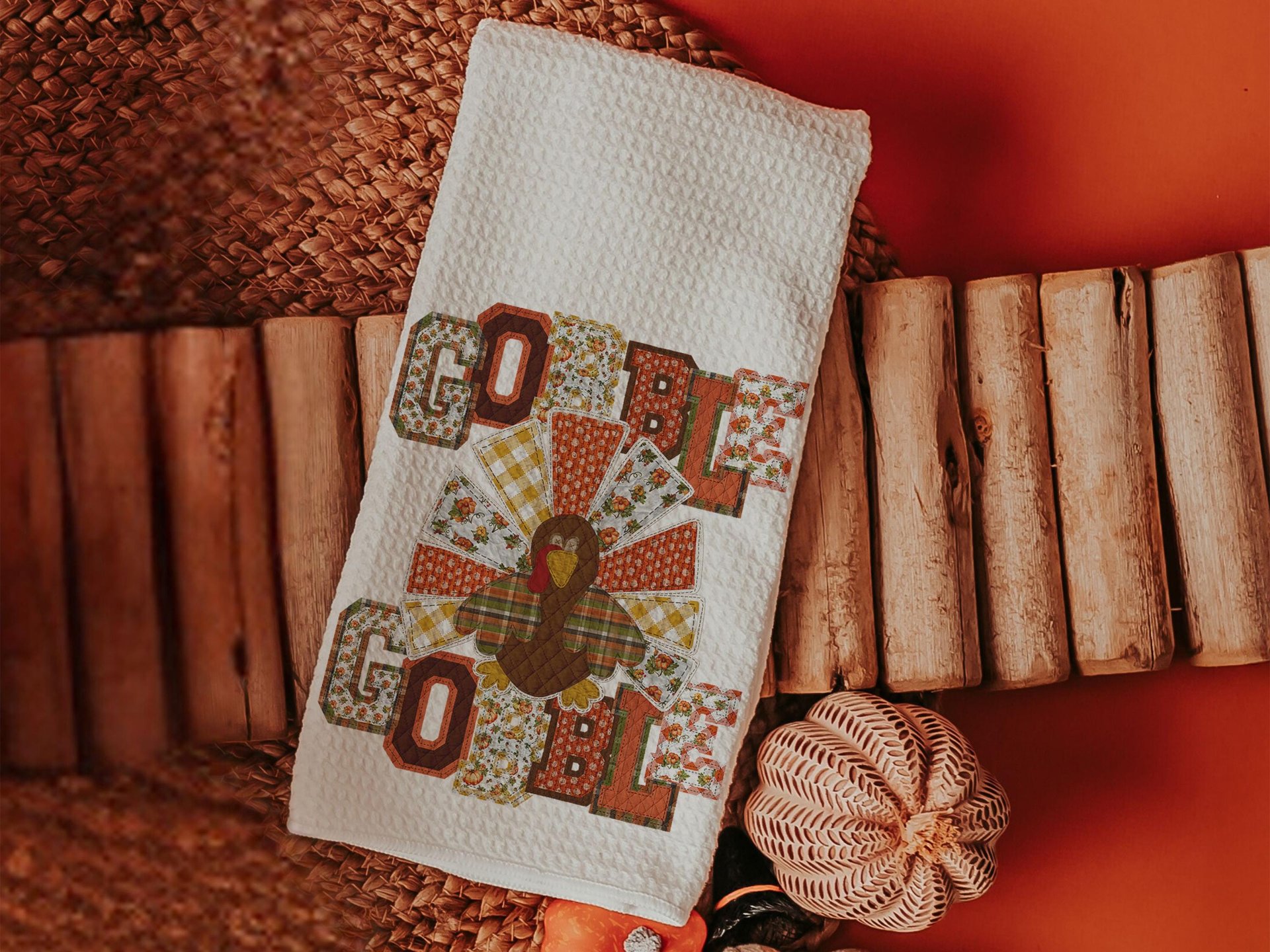 gobble gobble turkey Thanksgiving kitchen towels for fall, faux patchwork turkey hand towels for autumn, Friendsgiving gifts for girlfriends
