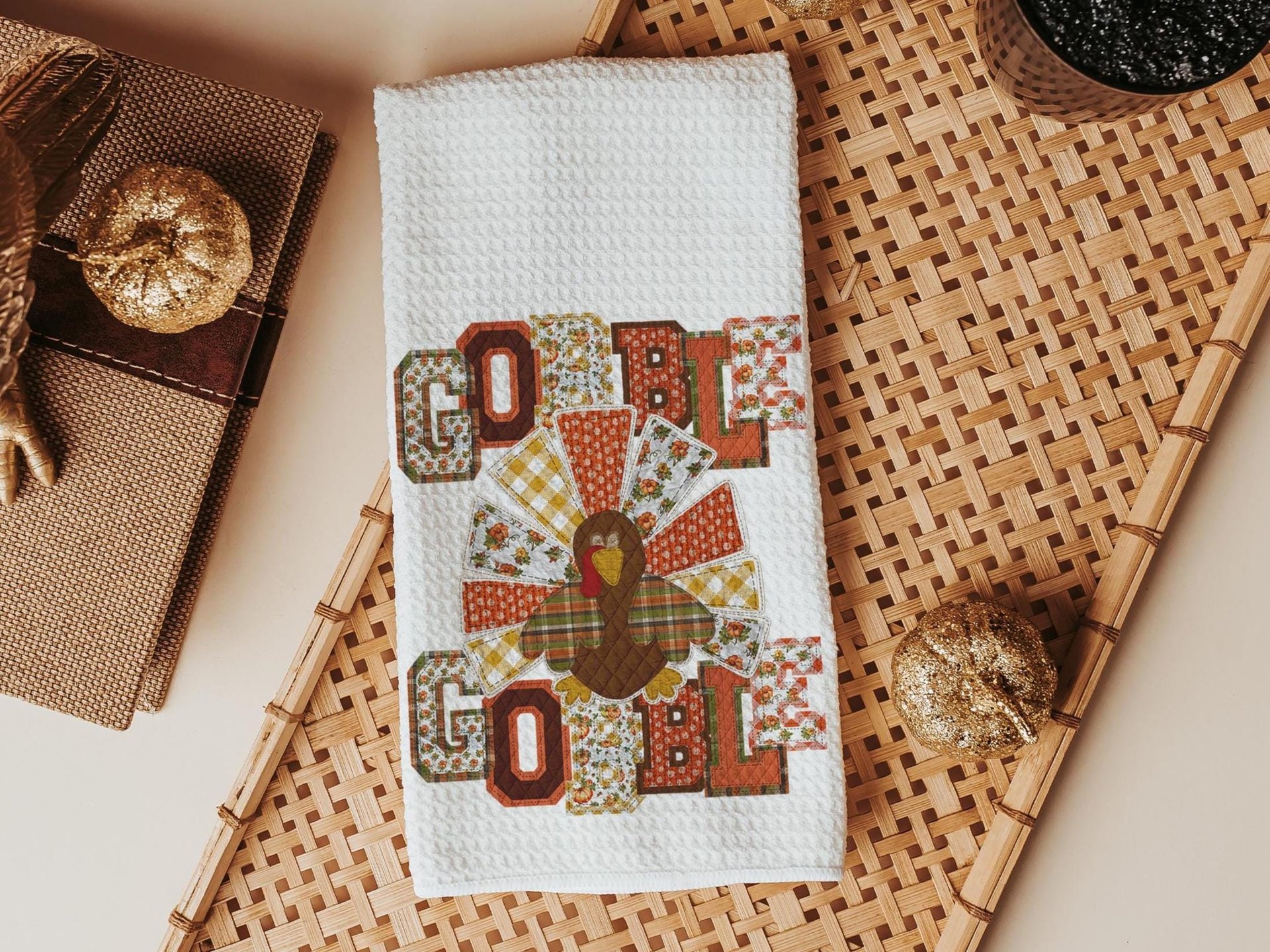 gobble gobble turkey Thanksgiving kitchen towels for fall, faux patchwork turkey hand towels for autumn, Friendsgiving gifts for girlfriends