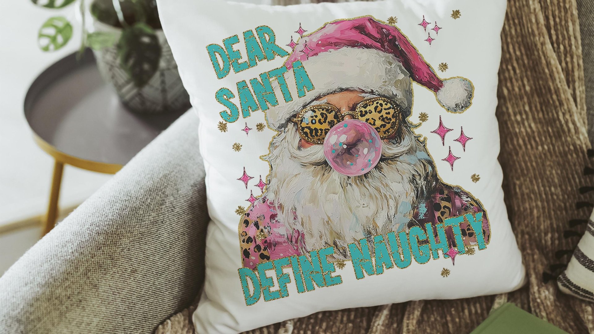 dear Santa define good define naughty pink Christmas throw pillows for couch, leopard print pillow Christmas gifts for new home, Santa Claus
