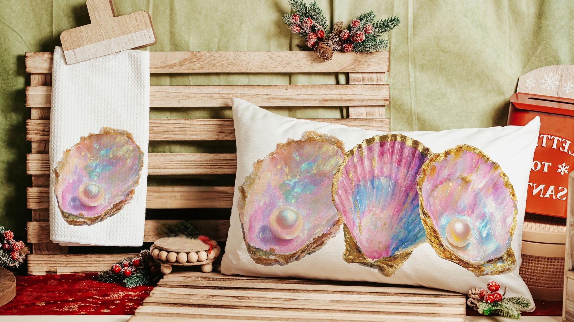 beach lumbar pillows for bedroom, opalite pearl oyster throw pillow for couch, beach Christmas gifts for beach lovers, coastal decorative