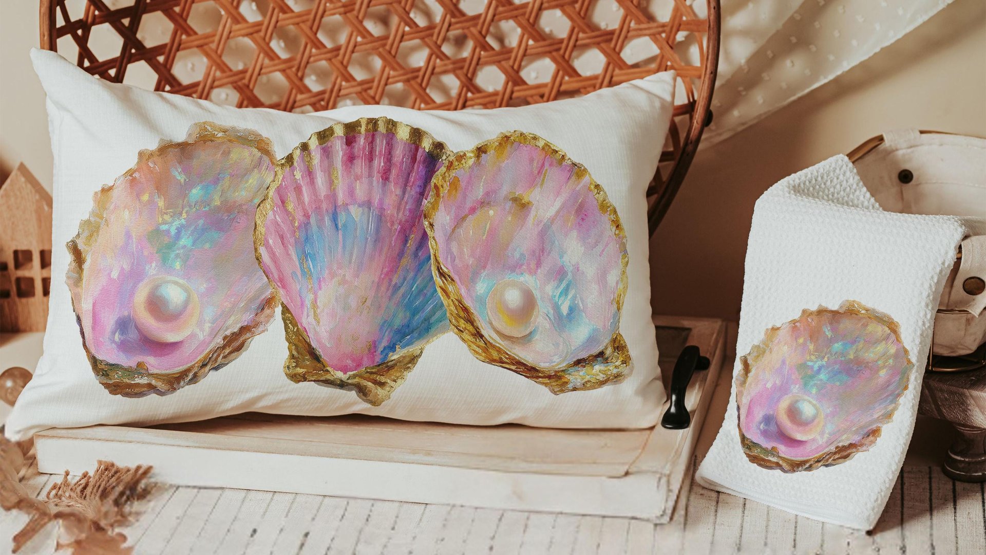 beach lumbar pillows for bedroom, opalite pearl oyster throw pillow for couch, beach Christmas gifts for beach lovers, coastal decorative