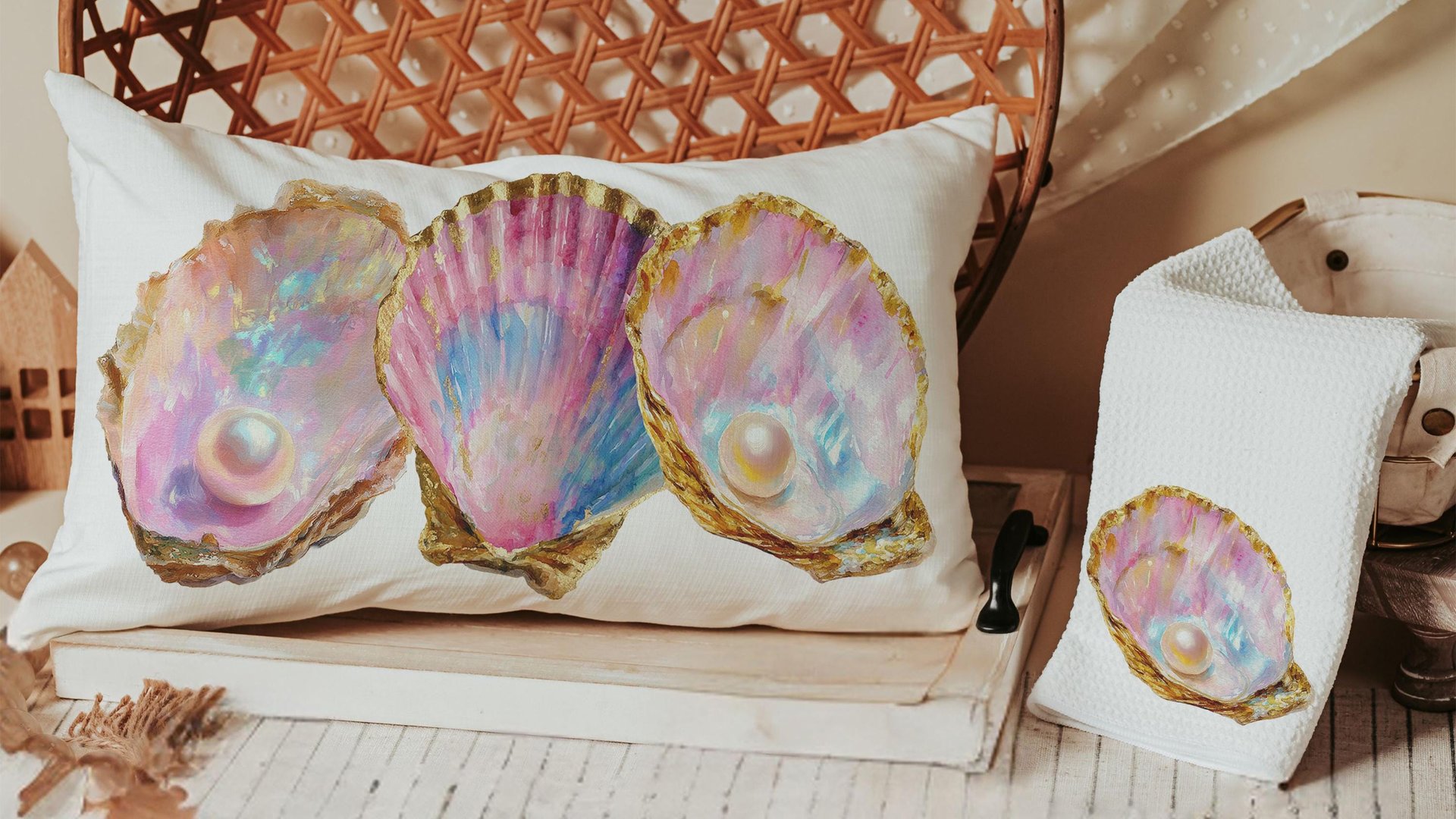 beach lumbar pillows for bedroom, opalite pearl oyster throw pillow for couch, beach Christmas gifts for beach lovers, coastal decorative