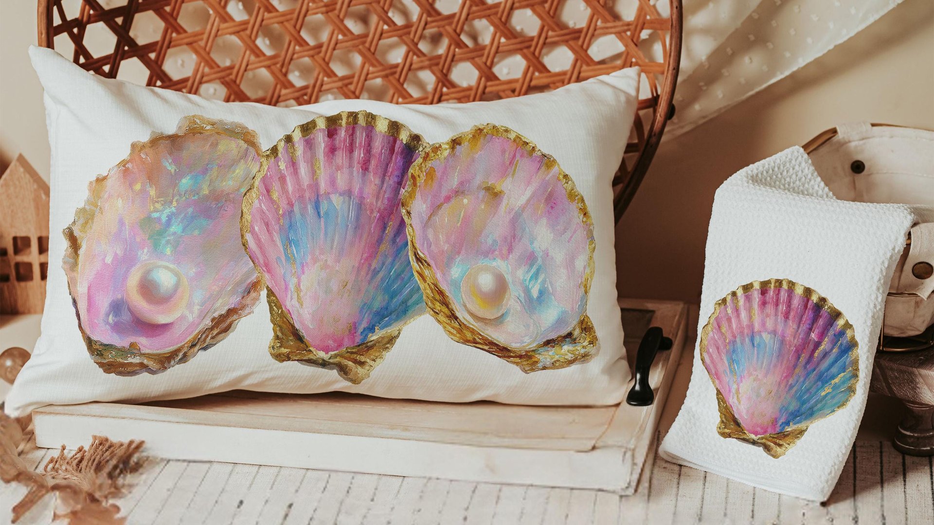 beach lumbar pillows for bedroom, opalite pearl oyster throw pillow for couch, beach Christmas gifts for beach lovers, coastal decorative