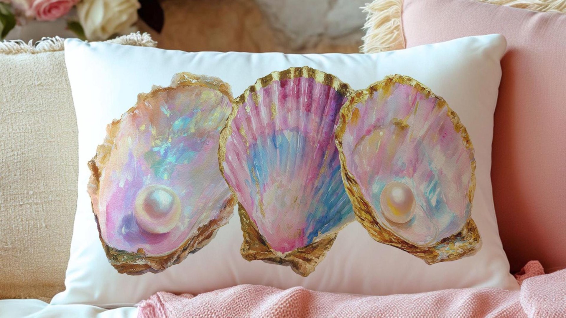 oyster shell hand towels for bathroom beach house gifts, opalite pearl home decor gift kitchen towels for Christmas gifts for beach lovers