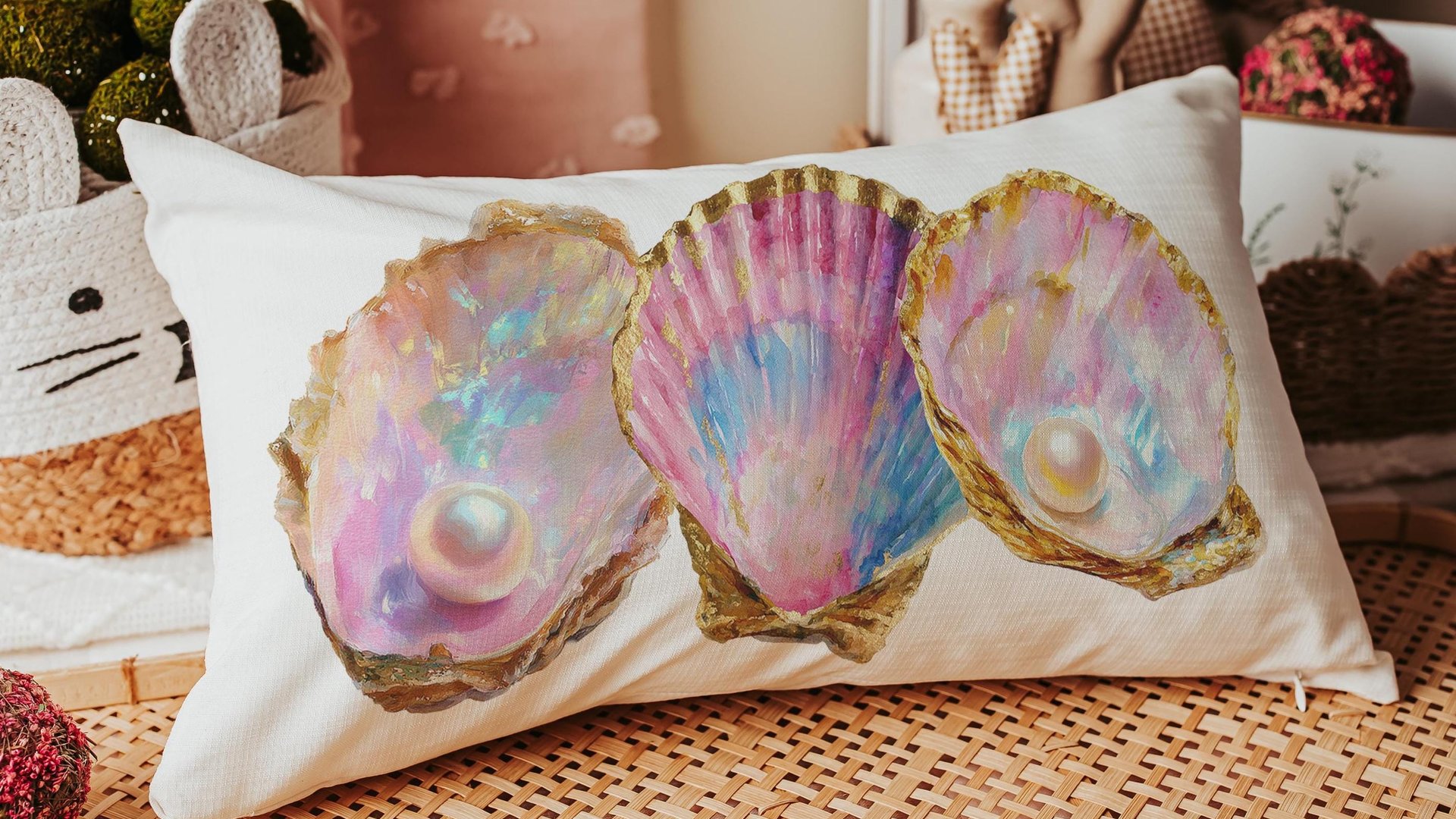 beach lumbar pillows for bedroom, opalite pearl oyster throw pillow for couch, beach Christmas gifts for beach lovers, coastal decorative