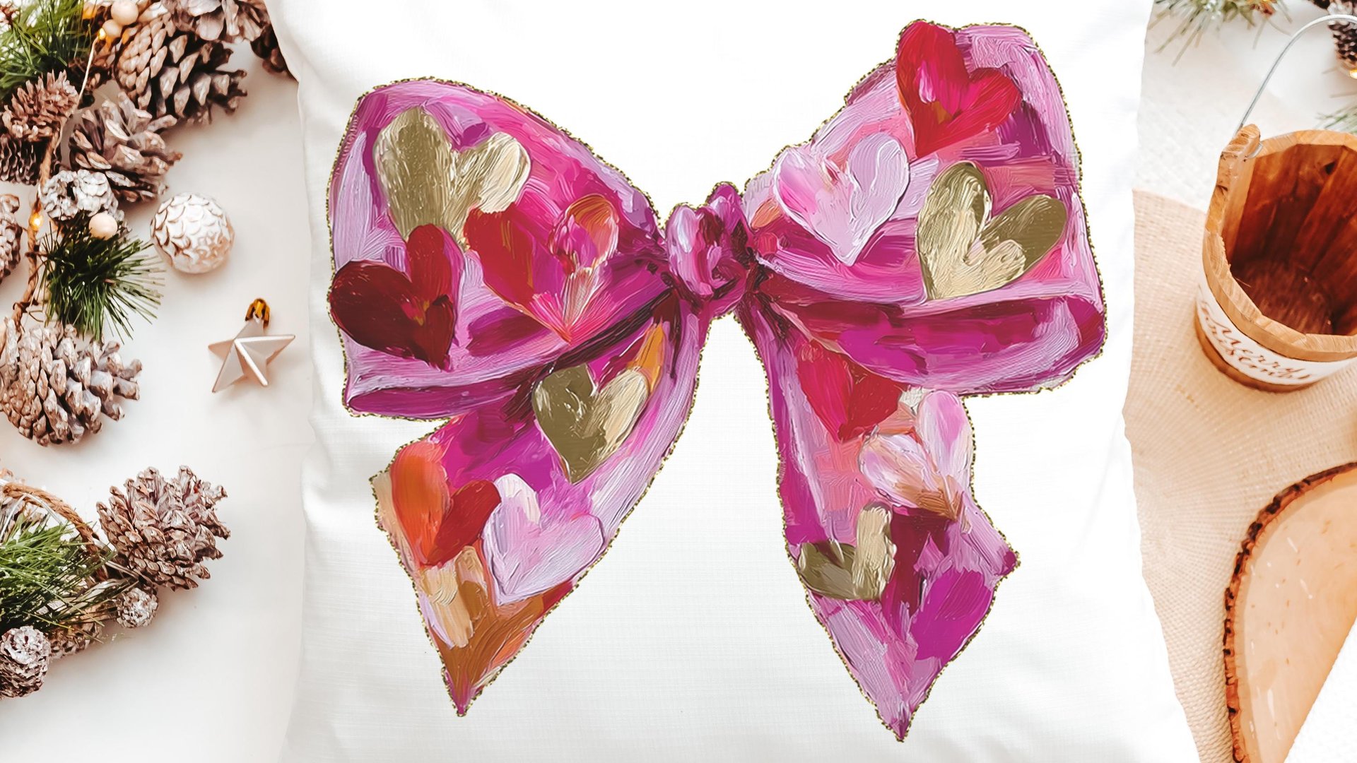 faux painted Valentines bow throw pillows for couch red heart Valentines coquette decorative pillows for girls room, Valentines day gifts