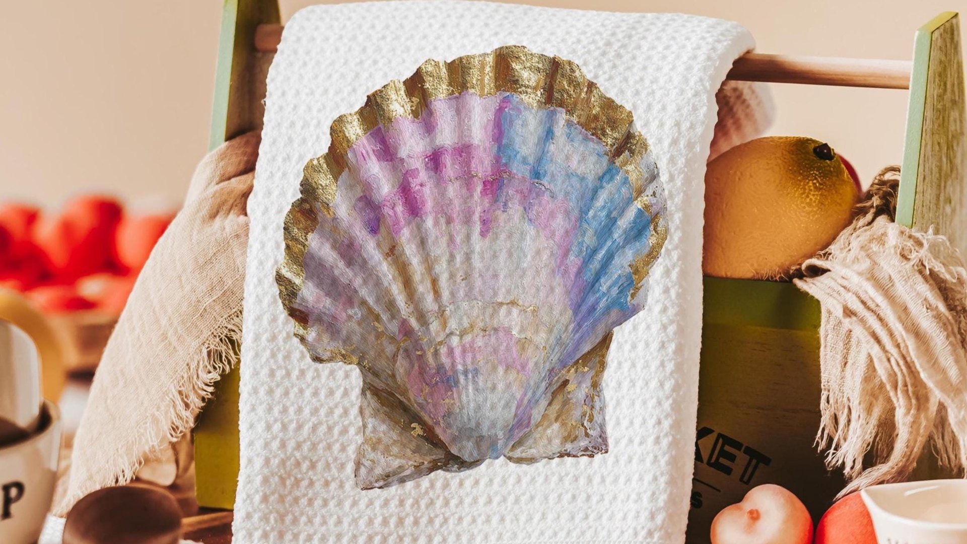 scallop shell kitchen towels for gifts, beachy hand towels for guest bathroom, opalite home decor gift for her, coastal decor for bathroom