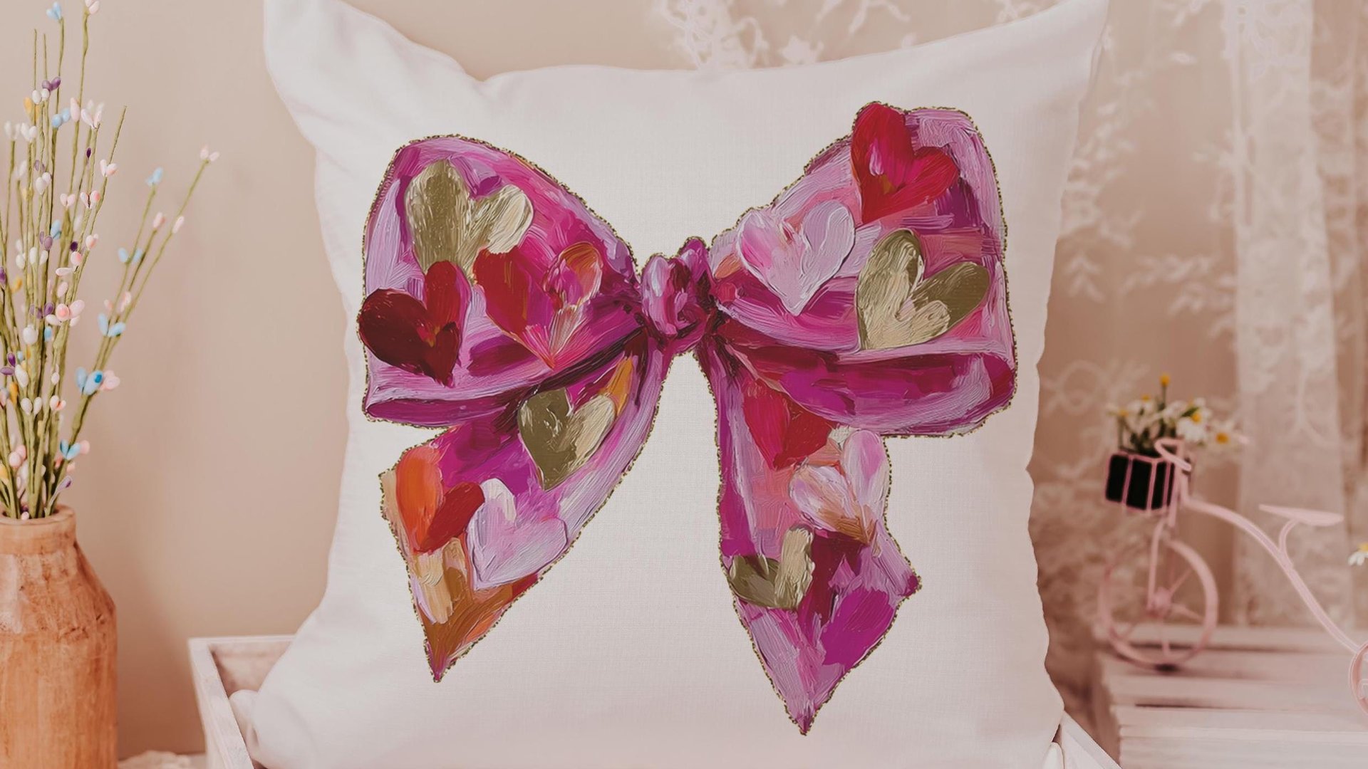 faux painted Valentines bow throw pillows for couch red heart Valentines coquette decorative pillows for girls room, Valentines day gifts