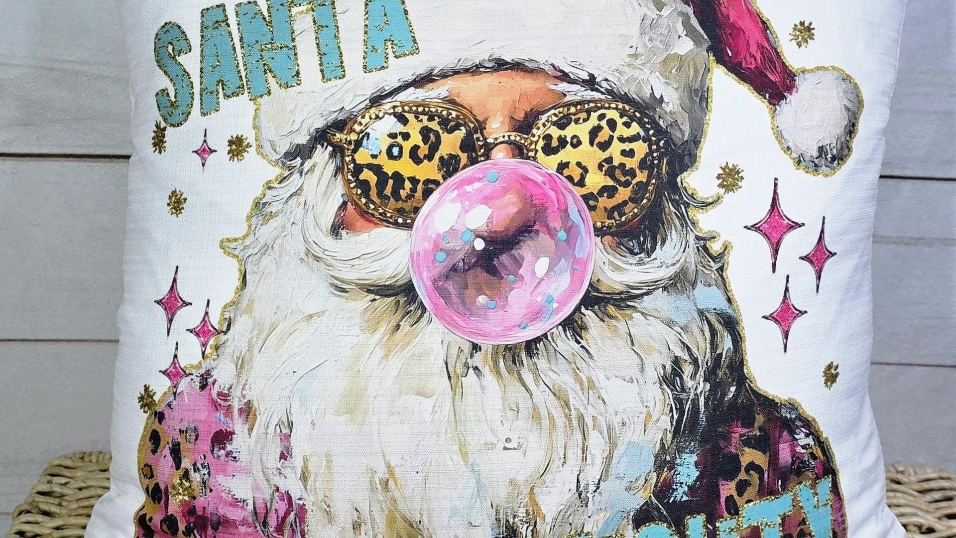 dear Santa define good define naughty pink Christmas throw pillows for couch, leopard print pillow Christmas gifts for new home, Santa Claus