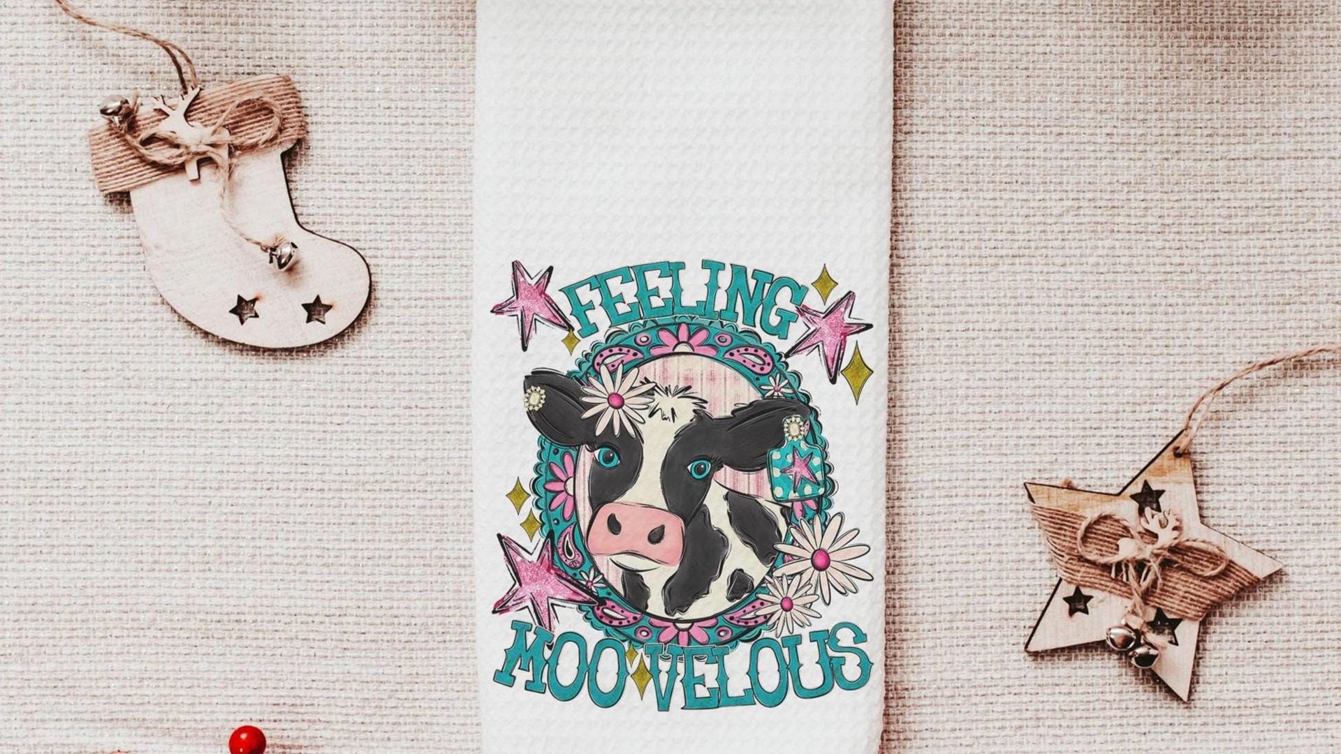 funny cow kitchen towels for gifts, cowgirl hand towel for guest bathroom, whimsical home decor gift for her, cute cow gifts for cow lovers