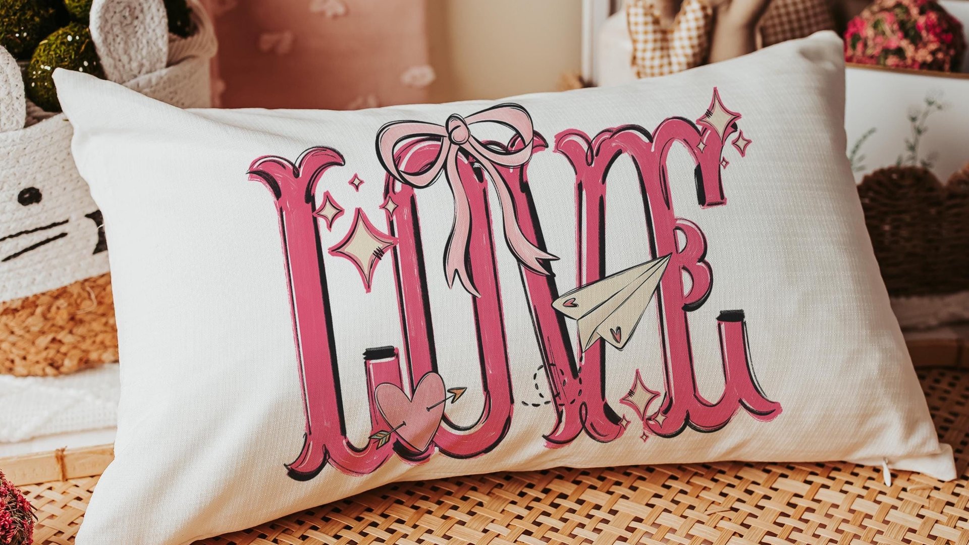 love coquette lumbar throw pillows for couples, preppy Valentines kitchen towels for bridal shower, Valentines day best selling gifts Etsy