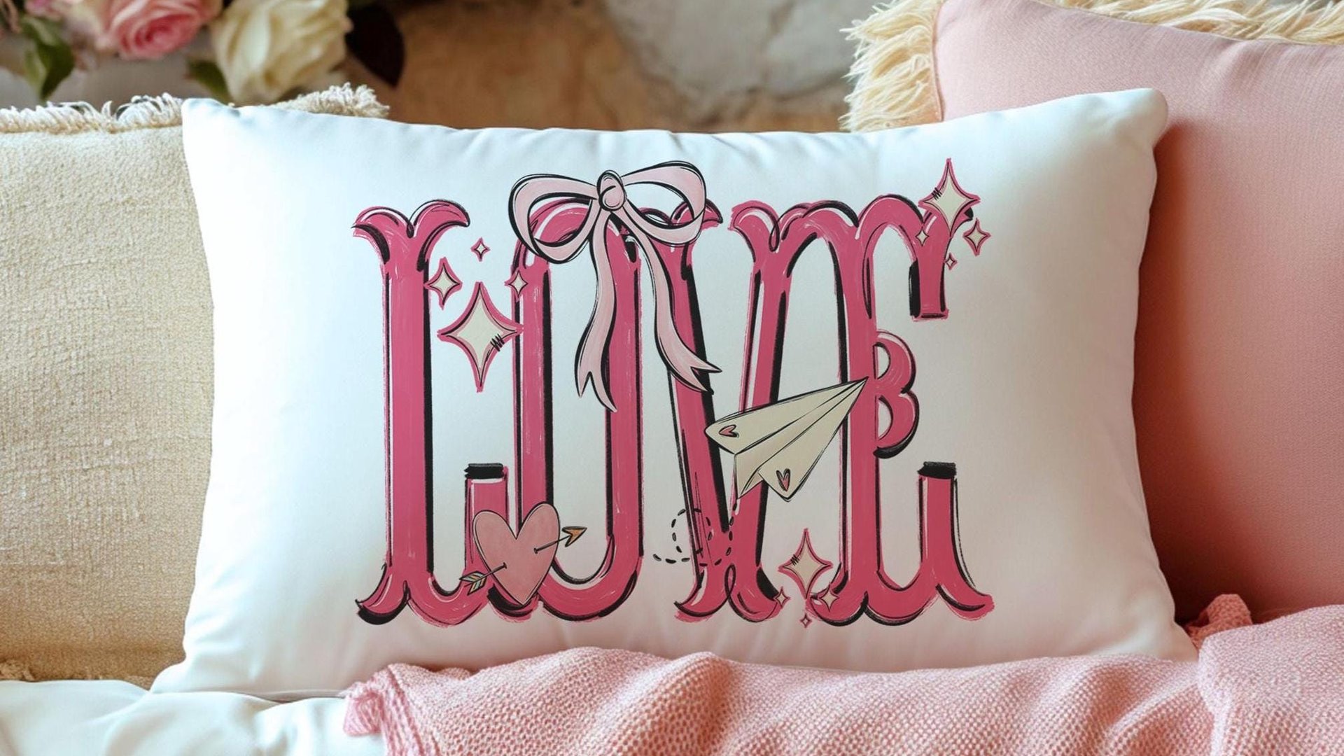 love coquette lumbar throw pillows for couples, preppy Valentines kitchen towels for bridal shower, Valentines day best selling gifts Etsy