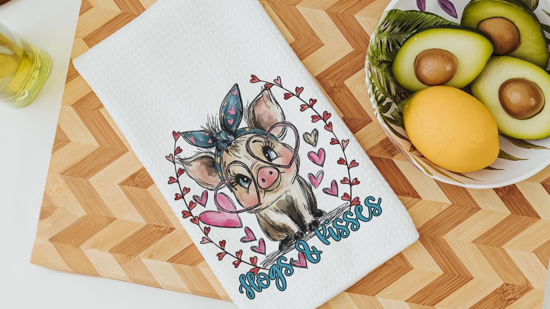 Udderly in love farmhouse cow kitchen towels, hogs and kisses pig gifts for pig lovers, funny Valentines day gifts for her, farm gifts for