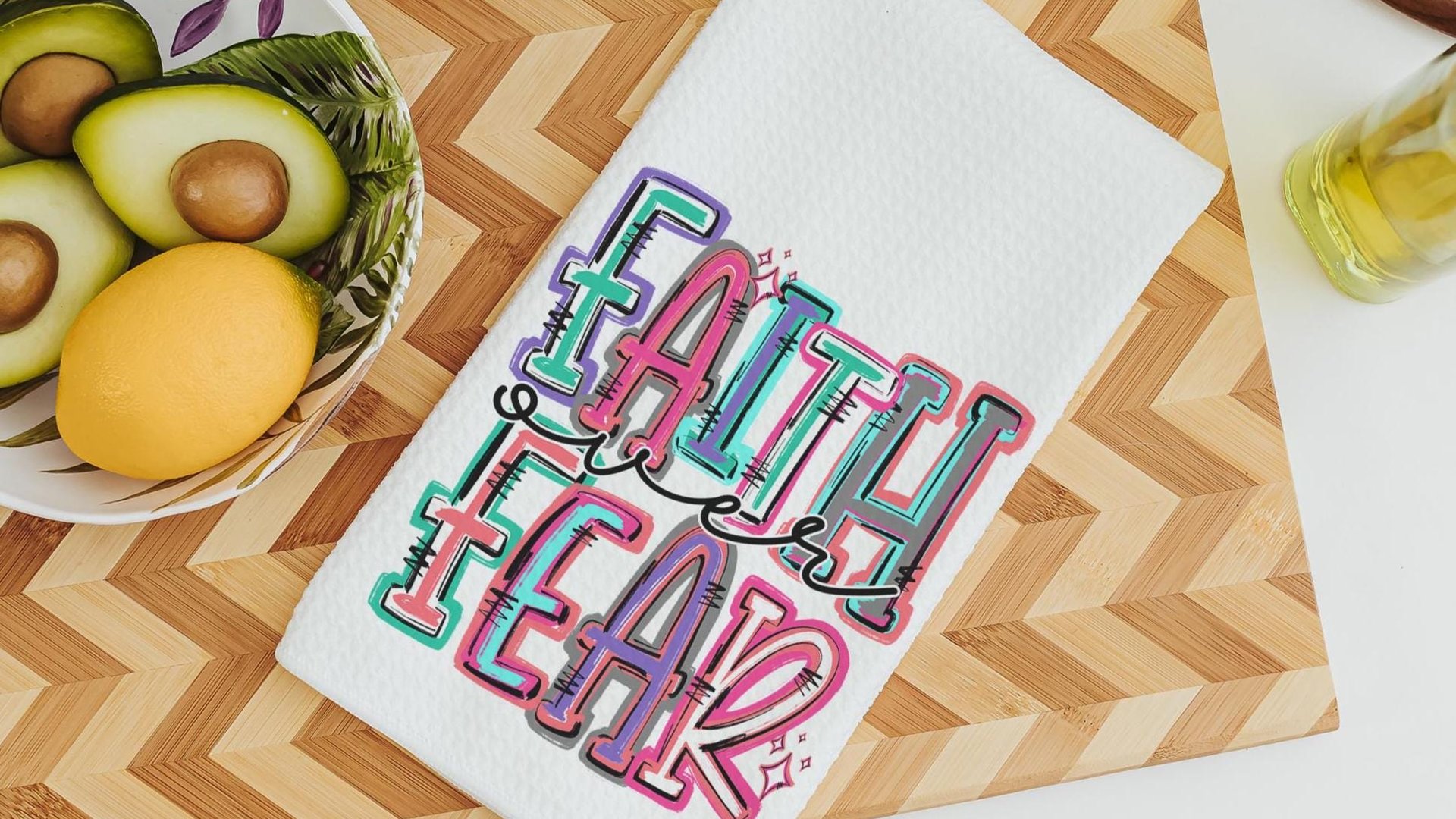 faith over fear Christian kitchen towels for gifts, colorful decorative hand towels for guest bath, faith gifts for sister, Easter hostess