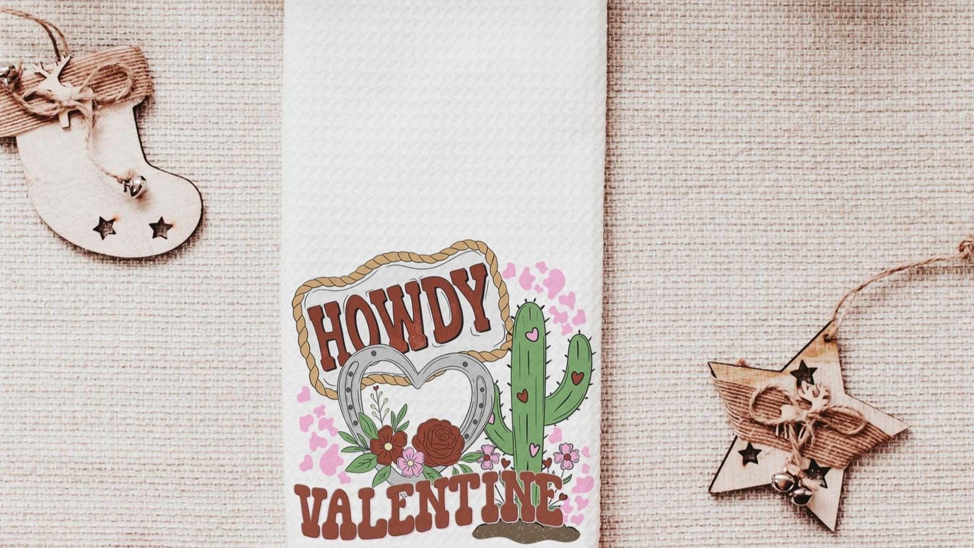 Howdy Valentines hand towels for besties, funny kitchen towels for couples, southwestern style Valentines kitchen decor, Galentines Day gift