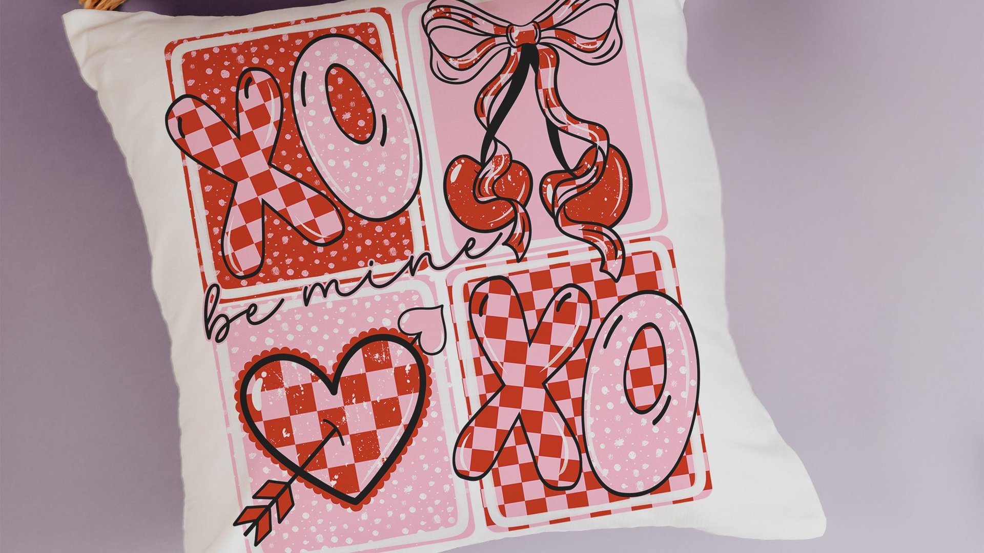 be mine throw pillows for couch red and pink checkered cherry decor, xoxo Valentines Day decorative pillow covers 18x18, Galentines day gift