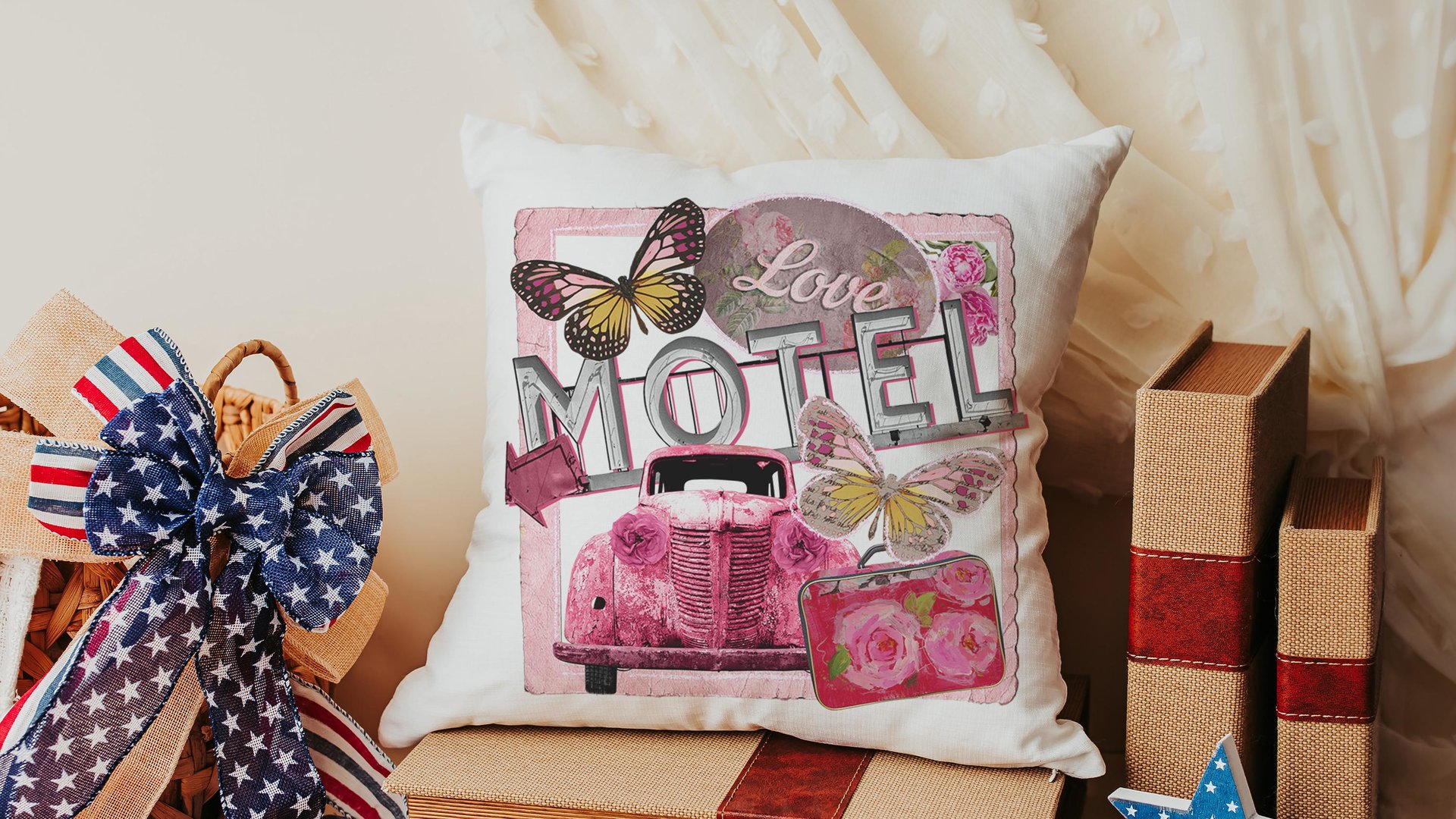 Retro motel love throw pillows