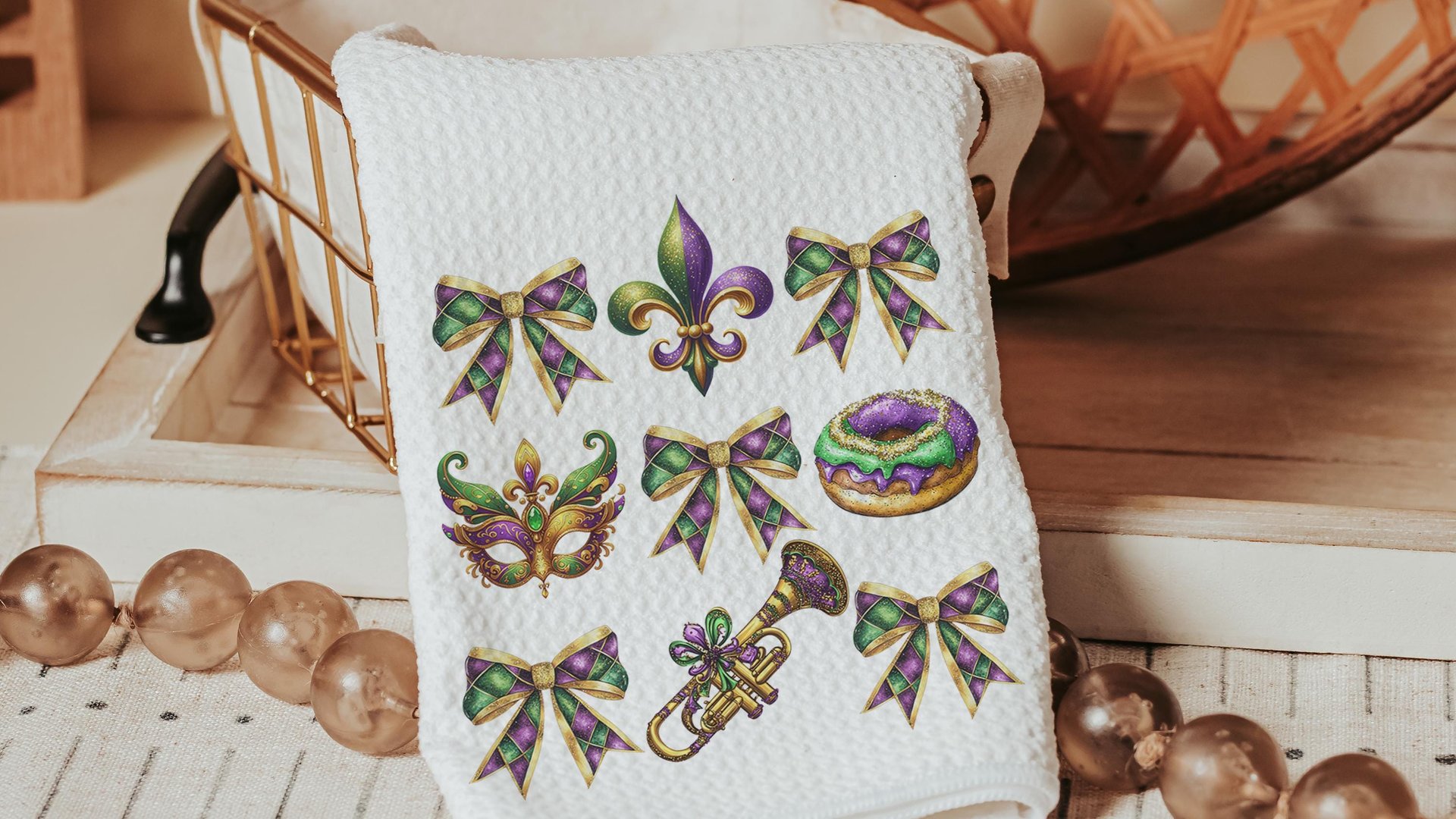 Mardi Gras kitchen towel for bakers, Fat Tuesday fleur de lis hand towels, king cake baker merch, New Orleans Louisiana gifts for women