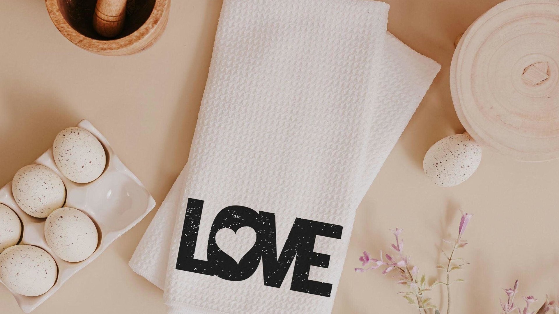 love kitchen towels for new home owners, black and white Valentines kitchen decor for just married couple, romantic gift for wife, moving in