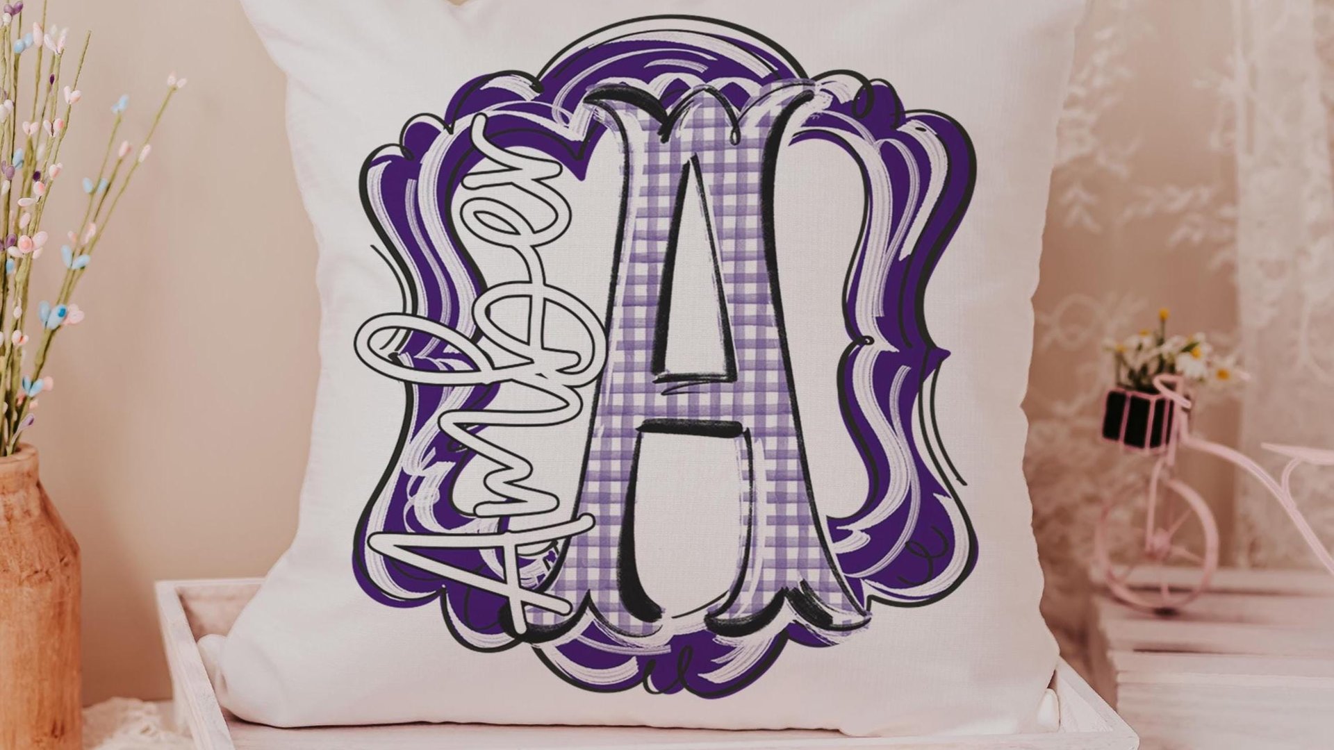 personalized initial throw pillow for couch blue gingham decorative pillows for girls, Carolina blue home decor gift dorm decor, name pillow