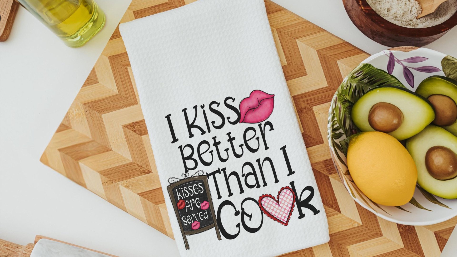 I kiss better than I cook funny kitchen hand towels for wedding gift, Valentines Day kitchen towel for chef, cute Valentines gifts for wife