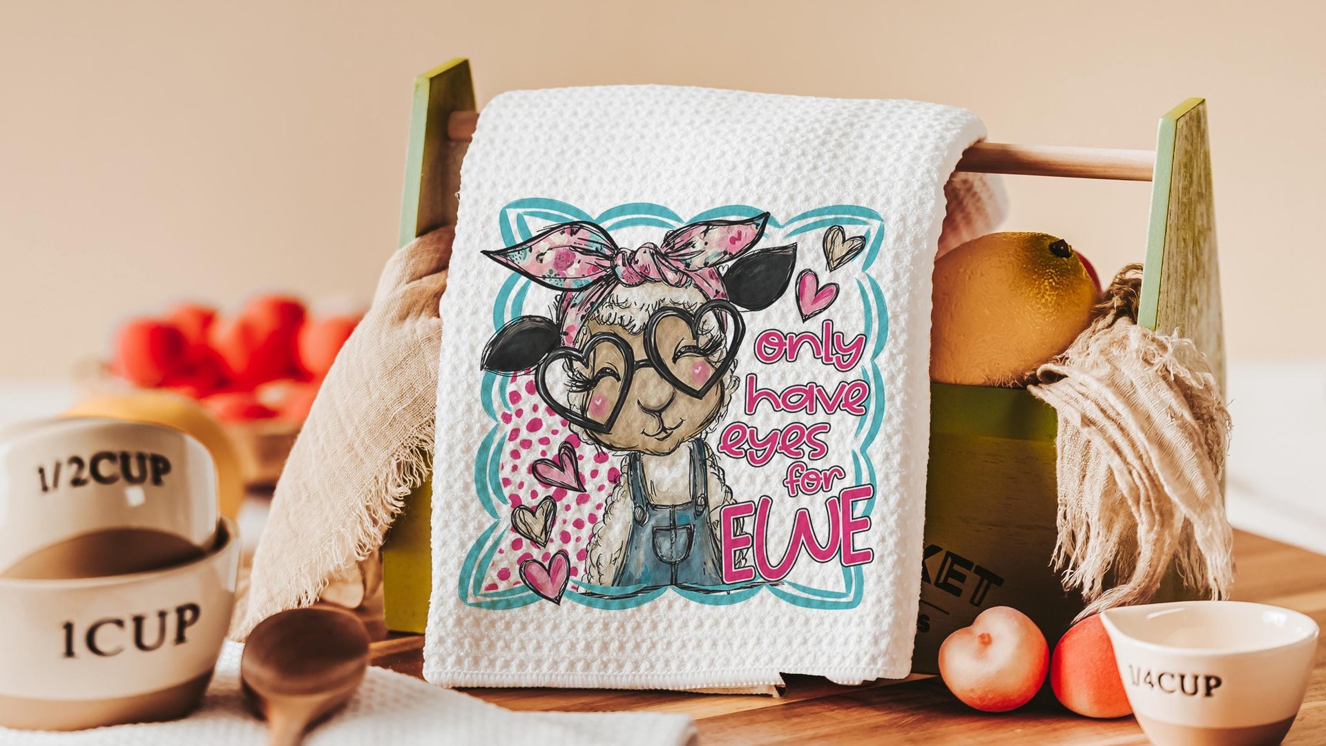 Udderly in love farmhouse cow kitchen towels, hogs and kisses pig gifts for pig lovers, funny Valentines day gifts for her, farm gifts for