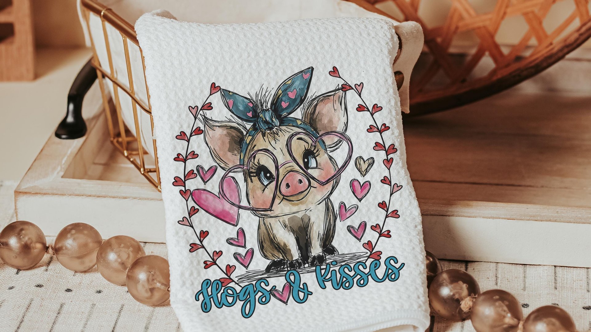Udderly in love farmhouse cow kitchen towels, hogs and kisses pig gifts for pig lovers, funny Valentines day gifts for her, farm gifts for