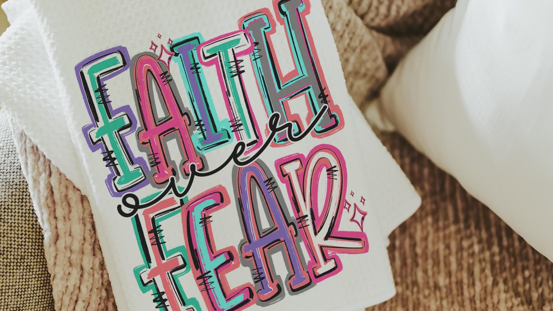 faith over fear Christian kitchen towels for gifts, colorful decorative hand towels for guest bath, faith gifts for sister, Easter hostess