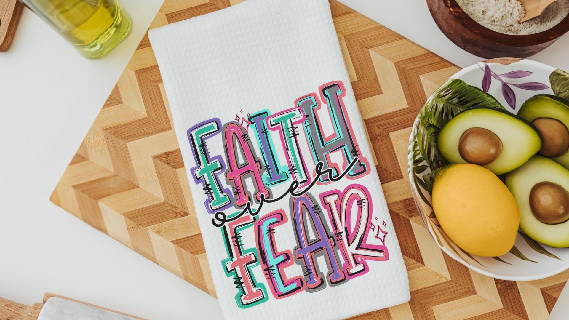 faith over fear Christian kitchen towels for gifts, colorful decorative hand towels for guest bath, faith gifts for sister, Easter hostess