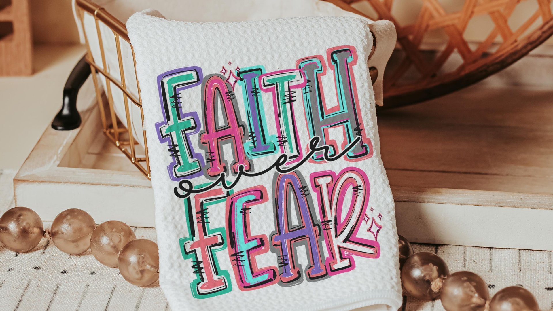 faith over fear Christian kitchen towels for gifts, colorful decorative hand towels for guest bath, faith gifts for sister, Easter hostess