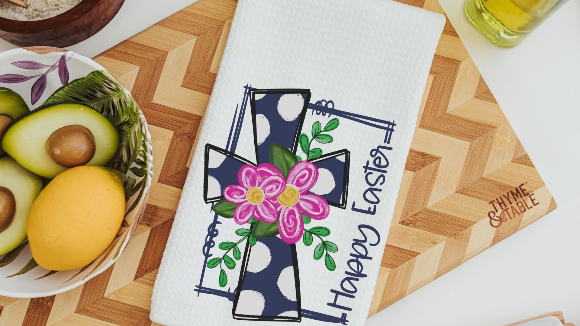 floral Easter cross Easter kitchen towels for Mom, Christian Easter decor gift, navy blue polka dot Happy Easter hand towels for church