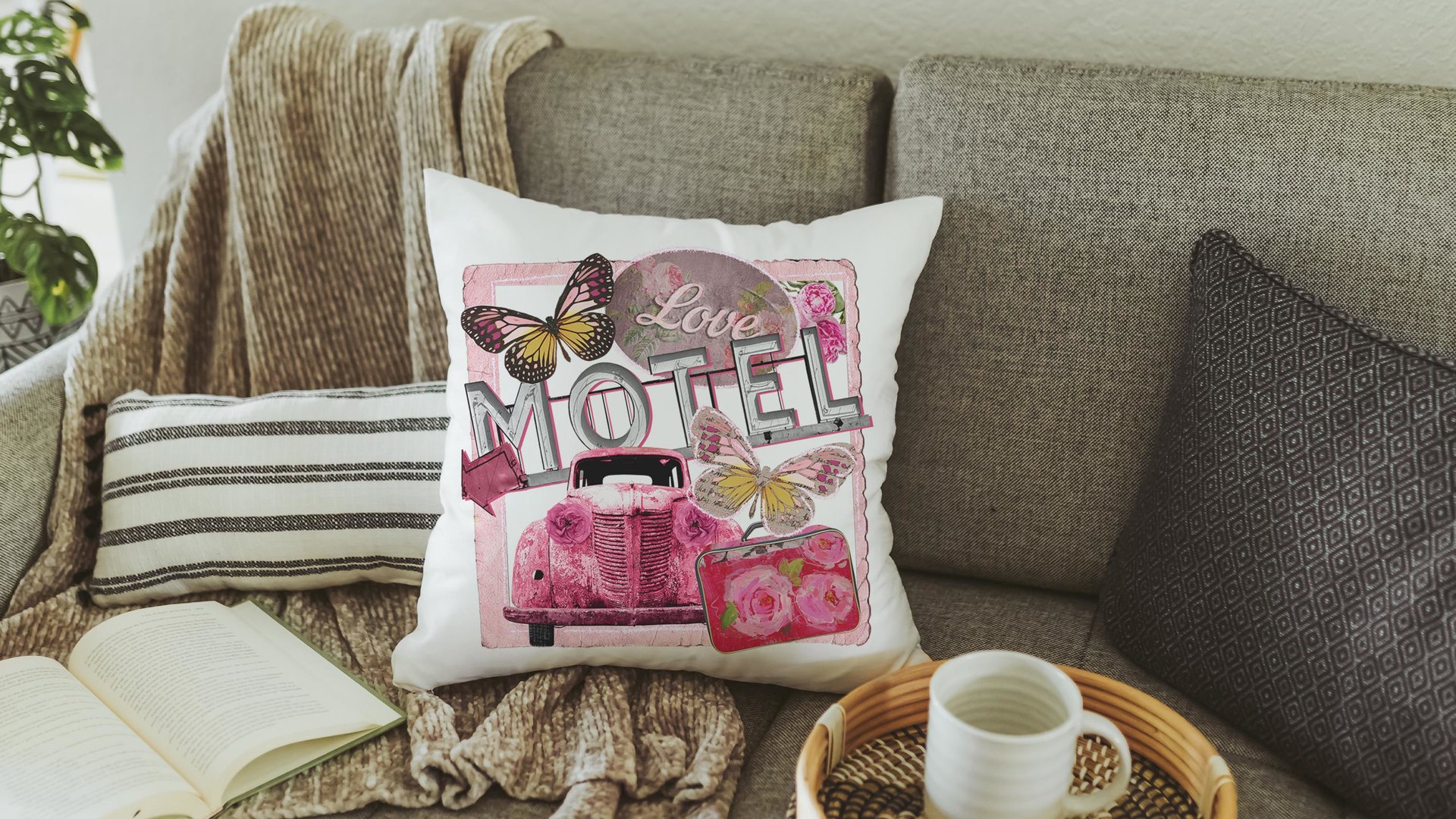 Retro motel love throw pillows
