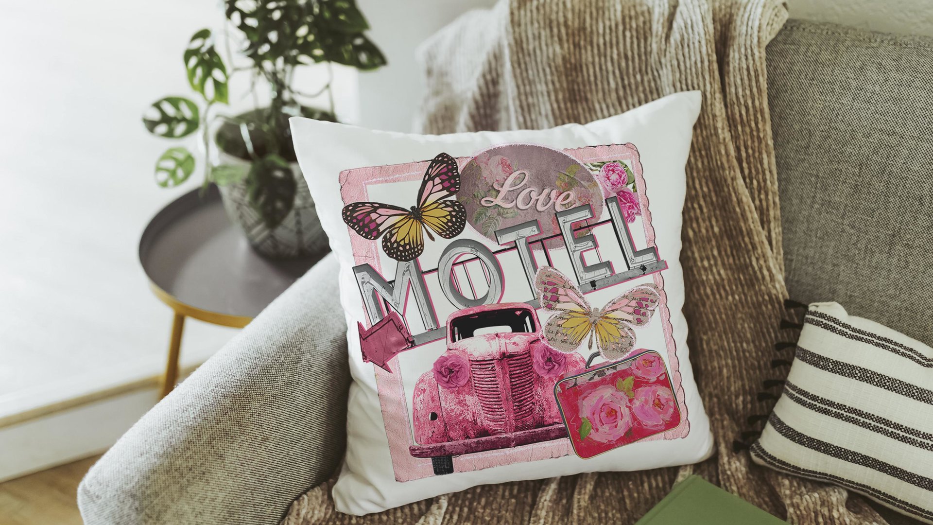 Retro motel love throw pillows