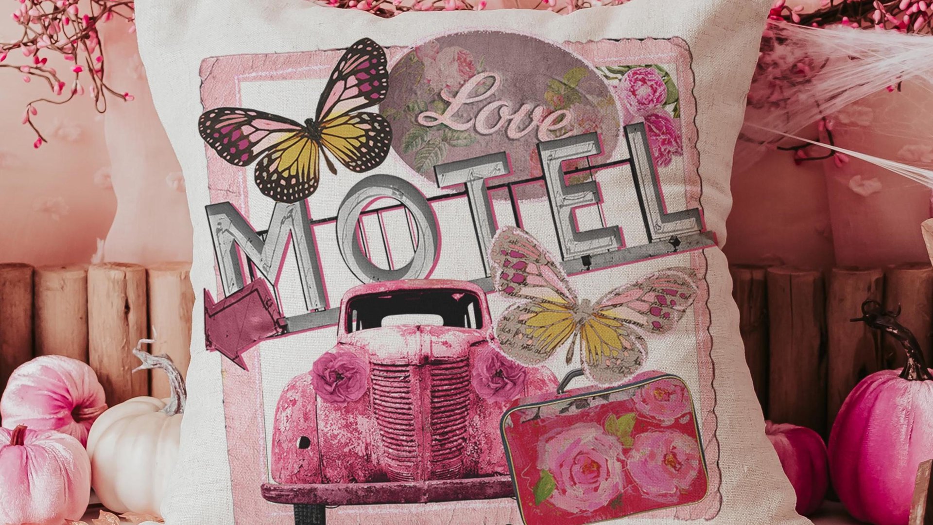 Retro motel love throw pillows