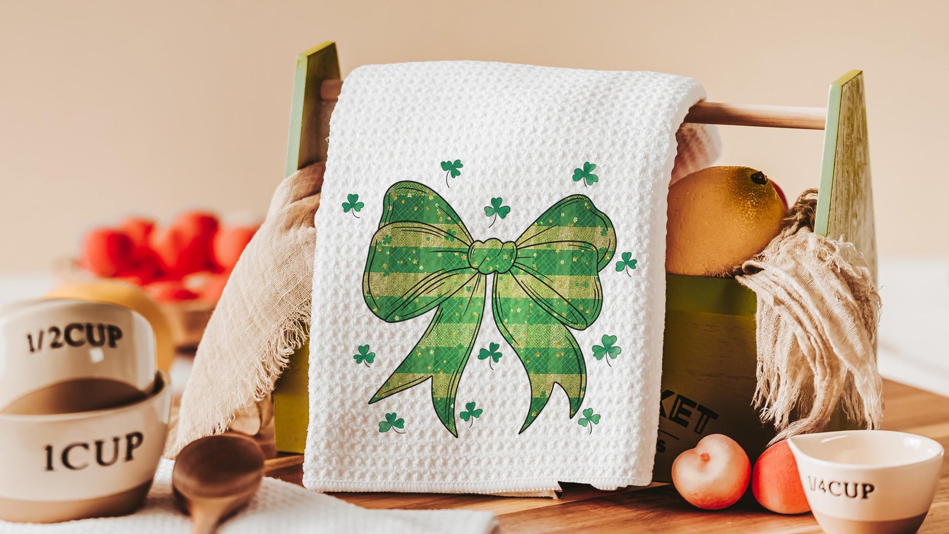 St Patricks day coquette bow hand towel for guest bathroom, green plaid St Pattys day shamrock kitchen towels, Irish gifts for friends, best