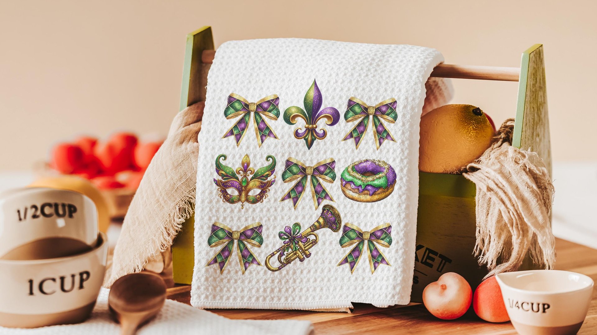 Mardi Gras kitchen towel for bakers, Fat Tuesday fleur de lis hand towels, king cake baker merch, New Orleans Louisiana gifts for women