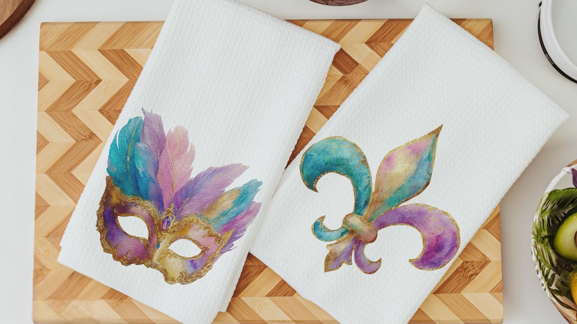 Mardi Gras carnival mask kitchen towels for gifts, watercolor fleur de lis hand towels for every season, Fat Tuesday decor, unique gifts for
