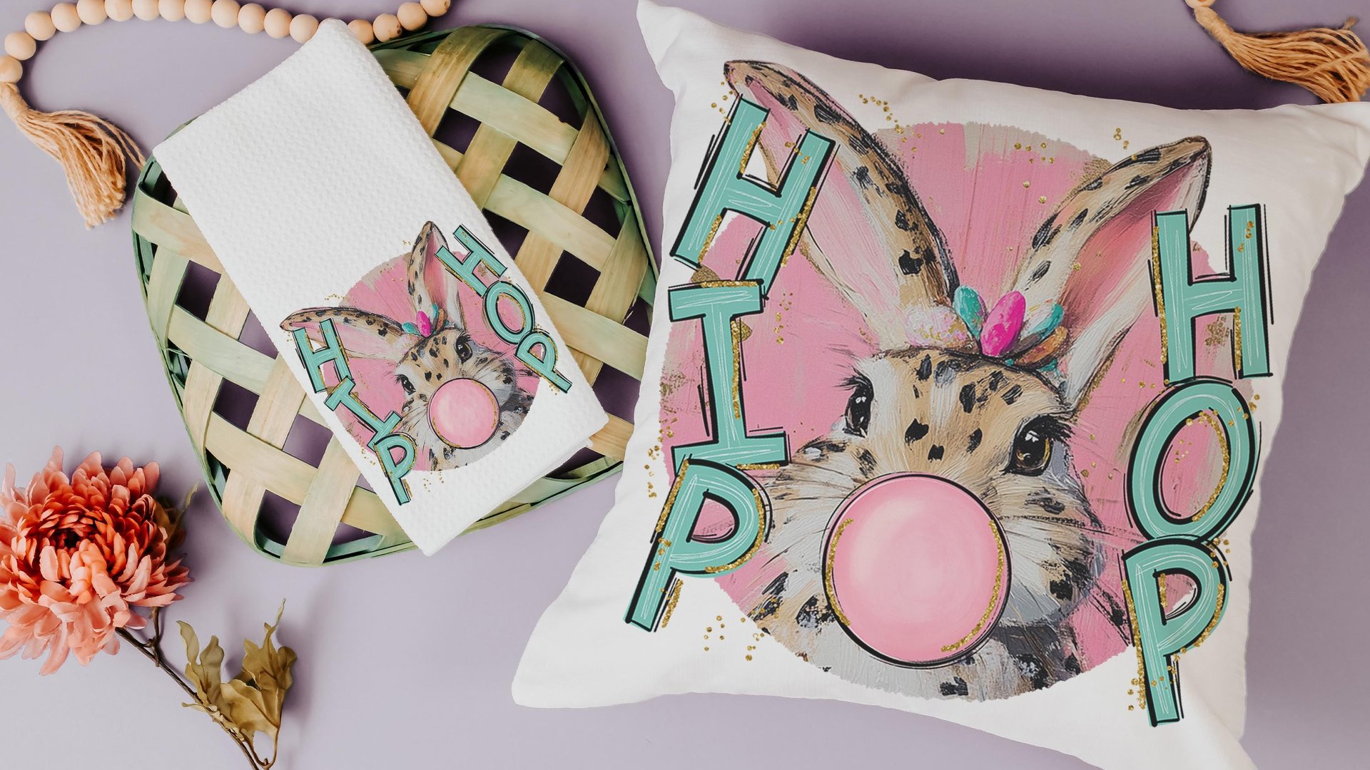 hip hop Easter throw pillows for kids playroom, bubblegum bunny decorative pillows for children, cute Easter gifts for adults, Easter bunny