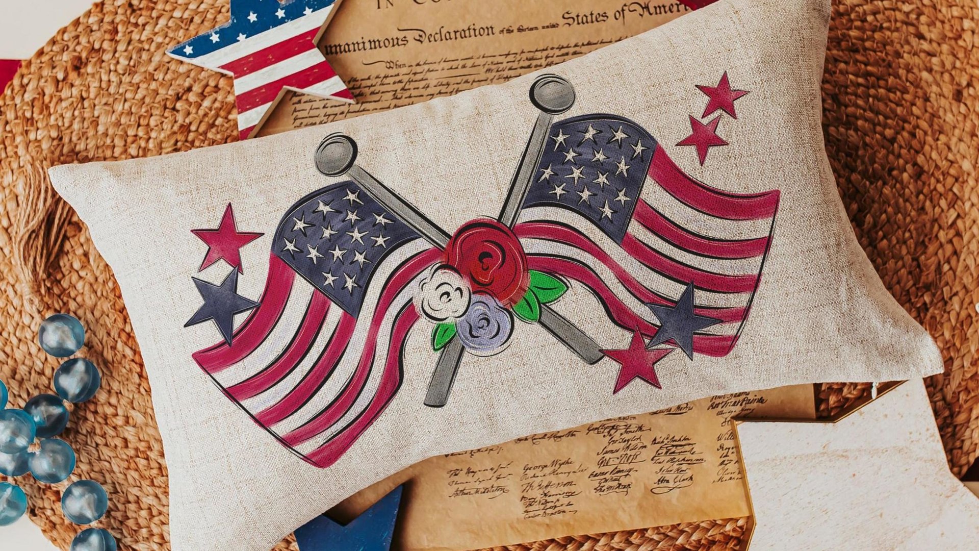 American flag lumbar throw pillows for porch, Americana decor with red floral 4th of July home decor, patriotic gifts for women, military