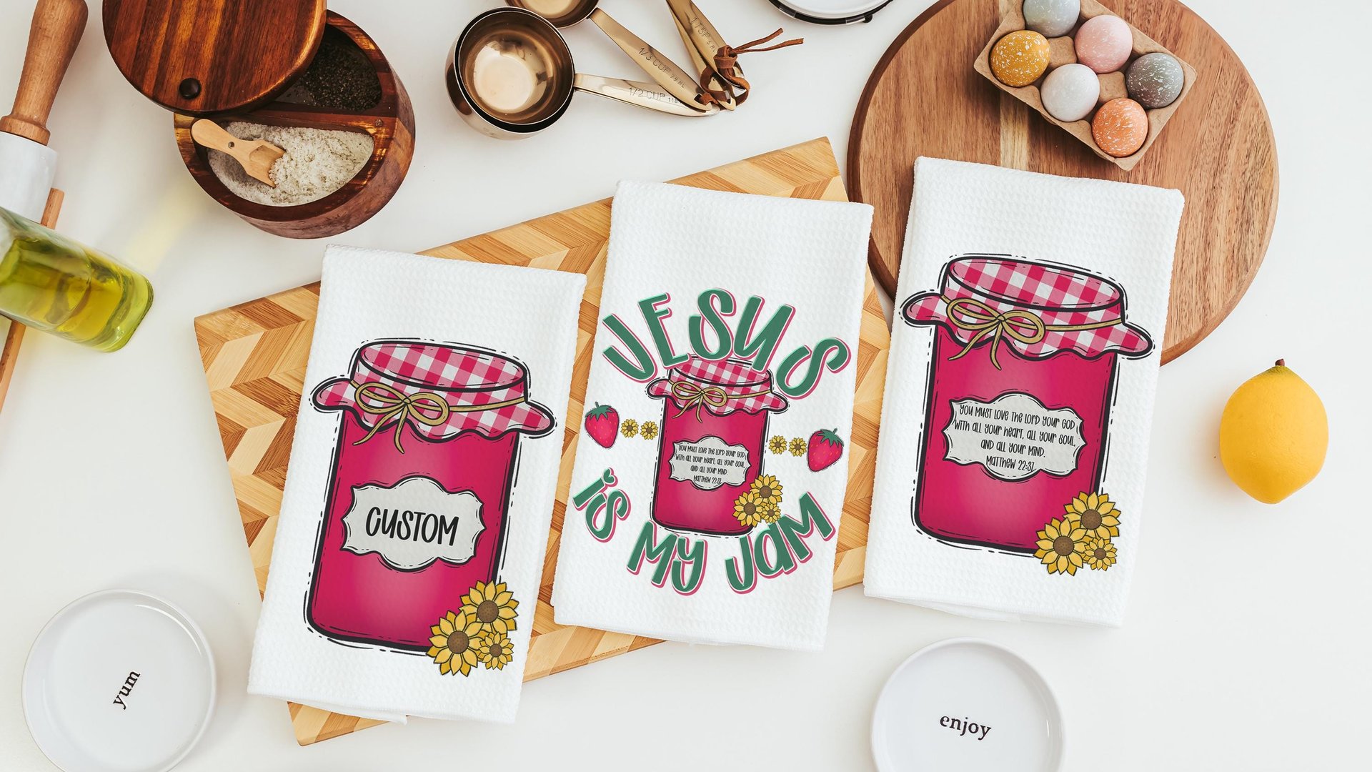 personalized Jesus is my jam hand towels for kitchen Christian gifts for daughter wedding shower, strawberry kitchen decor, Matthew 22:37